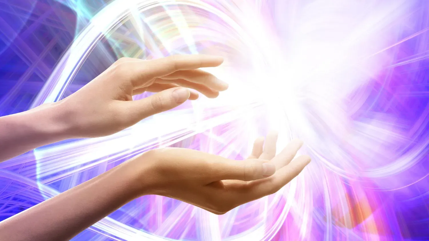 Aura Phenomena Woman With Flows Energy Around Her Hands Against Color Background Closeup